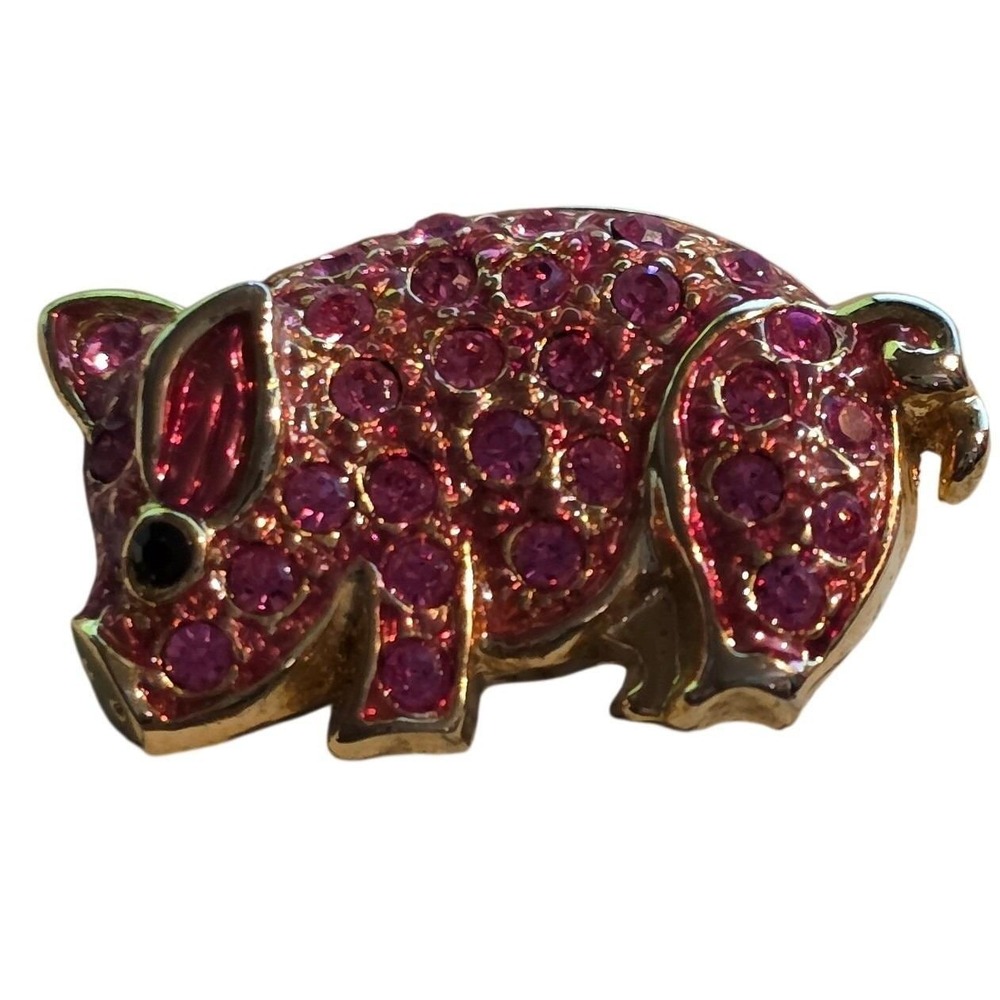 Vintage Pink Rhinestone Pig Brooch Pin‎ Gold Tone Animal Jewelry